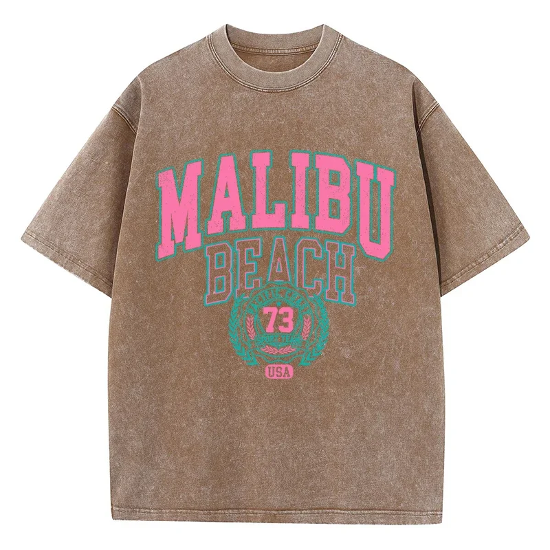 Malibu praia lavado camiseta feminina carta impressão algodão t camisa confortável crewneck topos casuais camisetas de grandes dimensões roupas femininas