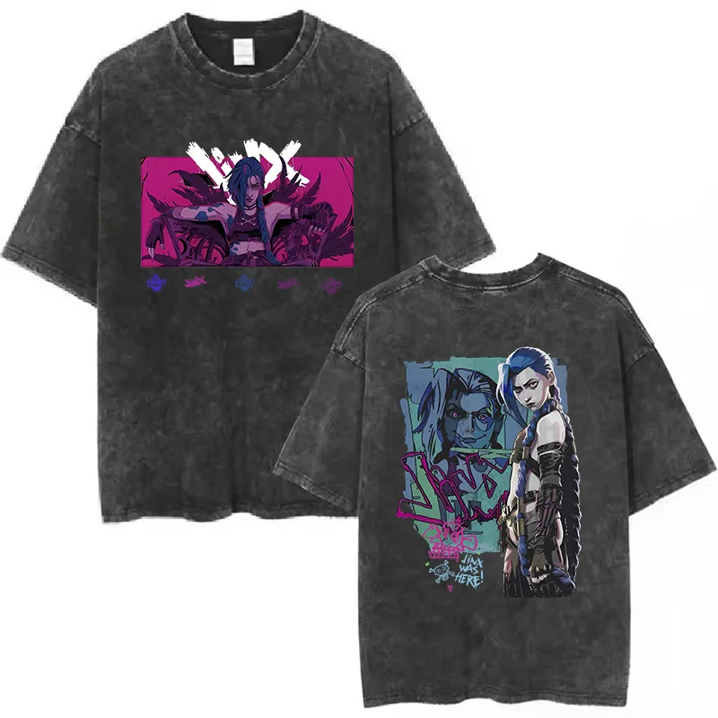 Unissex arcano jinx fãs do jogo amante presentes camisa lavada harajuku camiseta para homens mulheres manga curta camisetas de algodão de alta qualidade